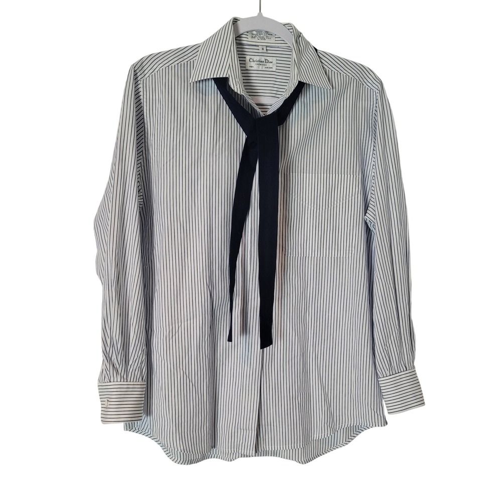 Christian Dior Chemises Vintage Striped Tie Neck Cotton Shirt Blue White Size 8